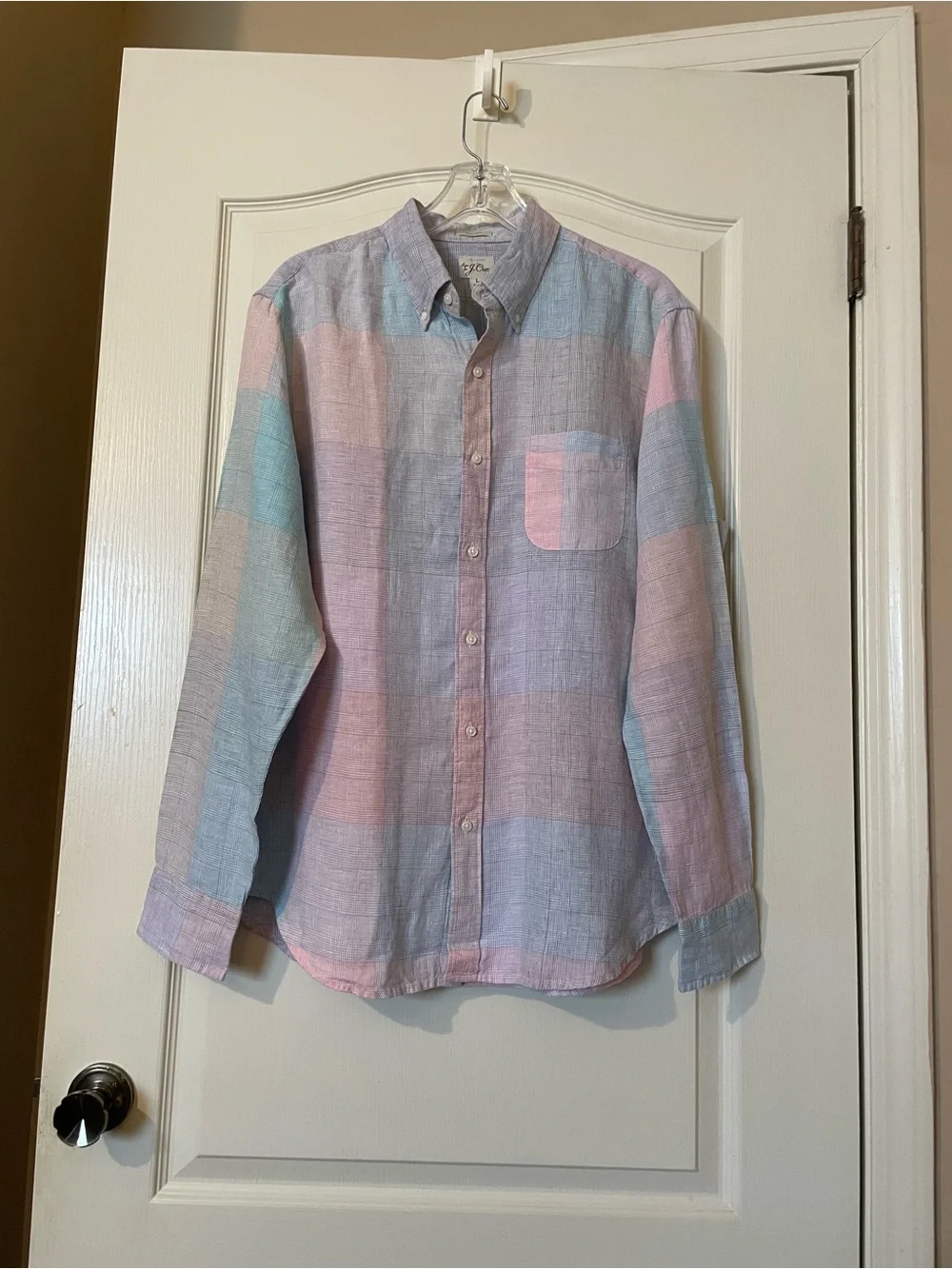 J.Crew Baird McNutt Linen Shirt Size L Pastel Plaid Classic Fit Coastal Preppy
